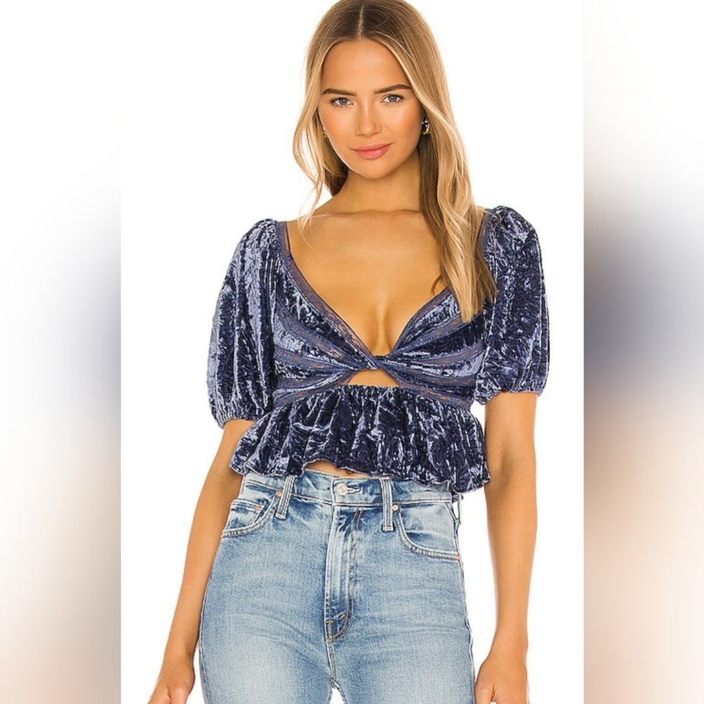 Free People Blue Velvety Crop Top Medium